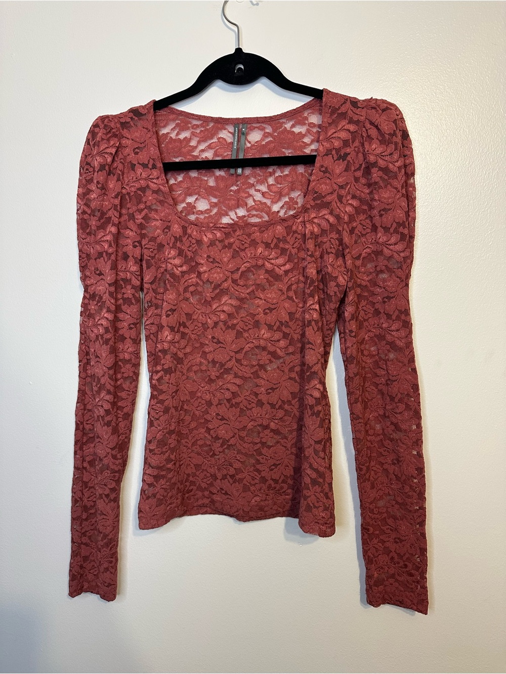 Anthropologie Puff Sleeve Sheer Lace Top Square Neck Rose Mauve Pink Medium